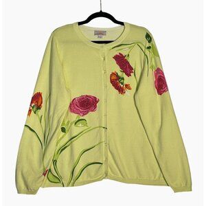 Quacker Factory Yellow Floral Cotton Cardigan With Jewel Buttons Sequins Size L